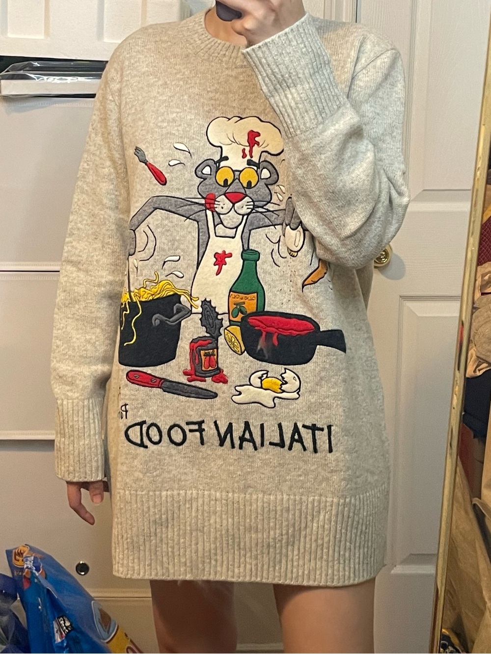Vintage Long Sleeve Crew Neck Wool Blend Pink Panther Sweater Size 42 - Picture 13 of 13